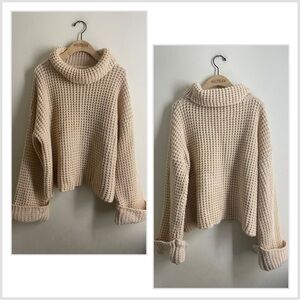 Goodnight Macaroon Retta Cognac Ribbed Waffle Knit Oversized Cropped Turtleneck